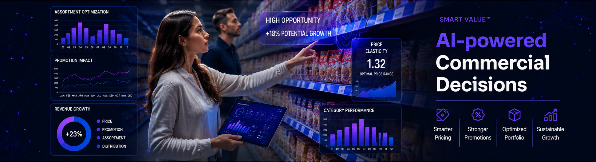 Smart Value AI-powered commercial decision platform — retail analyst using AI insights for pricing, promotion, and assortment optimization showing 23% revenue growth